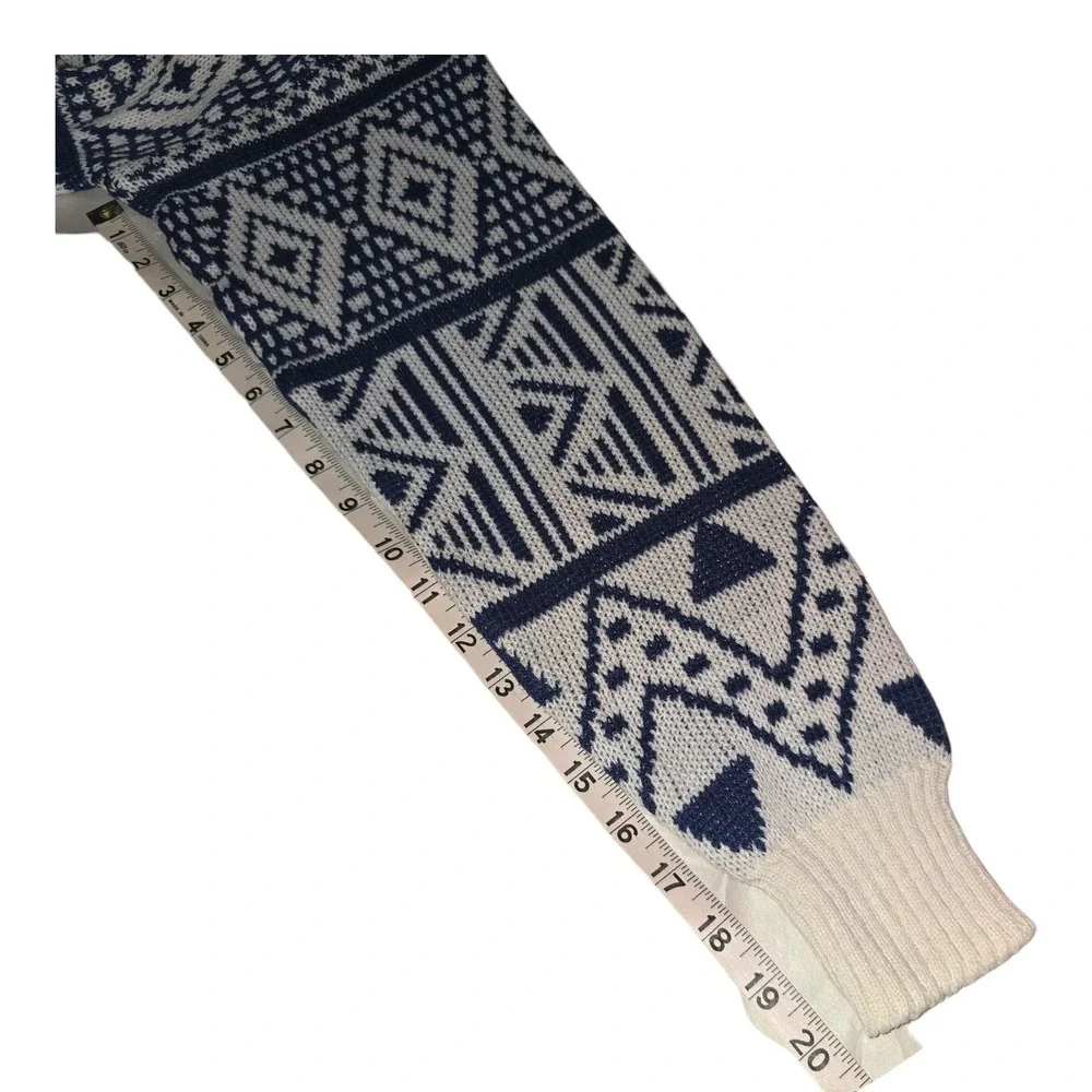 Vintage Anthonys Crew Neck Sweater‎ White Blue Geometric Aztec Print Medium